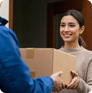 Delivery person handing package to customer