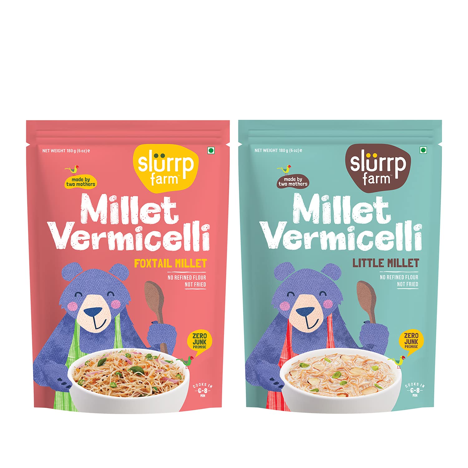 SLURRP FARM Preservative Free Vermicelli, Semiya No Maida, No White Rice, Foxtail/Little Millet Vermicelli, 180 grams Each (Pack Of 2)