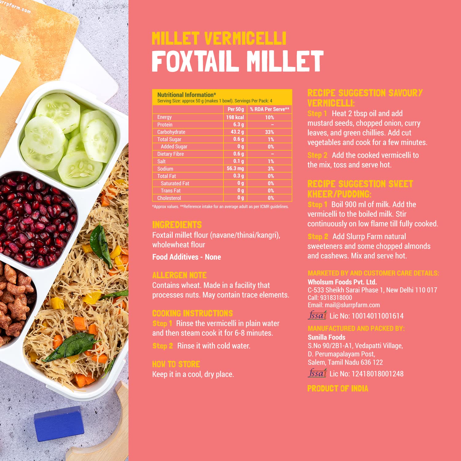 SLURRP FARM Preservative Free Vermicelli, Semiya No Maida, No White Rice, Foxtail/Little Millet Vermicelli, 180 grams Each (Pack Of 2)