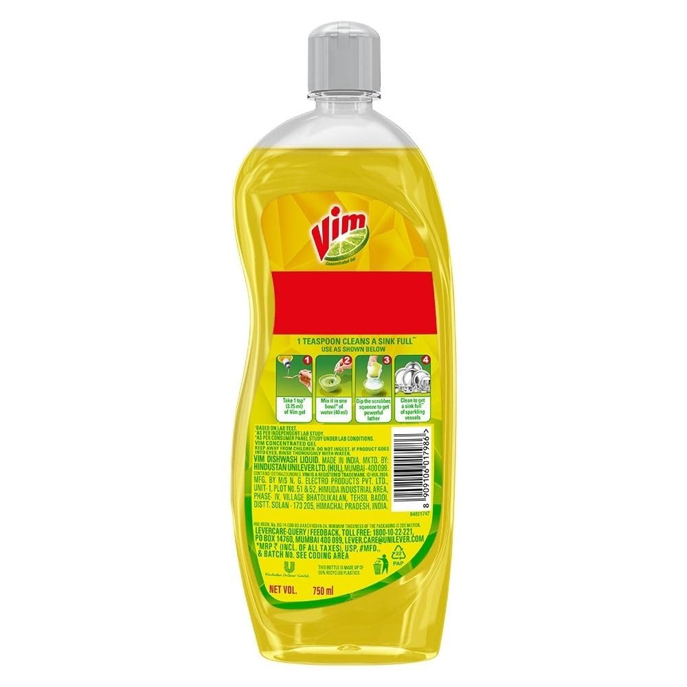 Vim Dishwash Liquid Gel Lemon, With Lemon Fragrance, Leaves No Residue, Grease Cleaner For All Utensils, 750 ml Bottle - Image 2