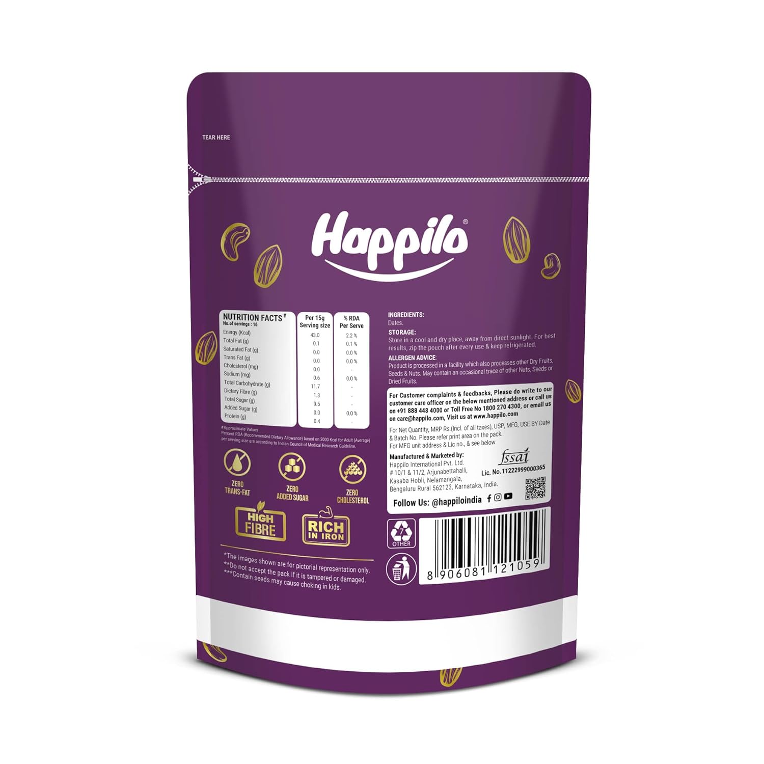 Happilo Dried Premium International Omani Dates 250g |Healthy snacks, Dry fruits, Khajoor, Khajur| No Preservatives | No Added Sugar |Vegan | Plant Based | Non GMO - Image 2
