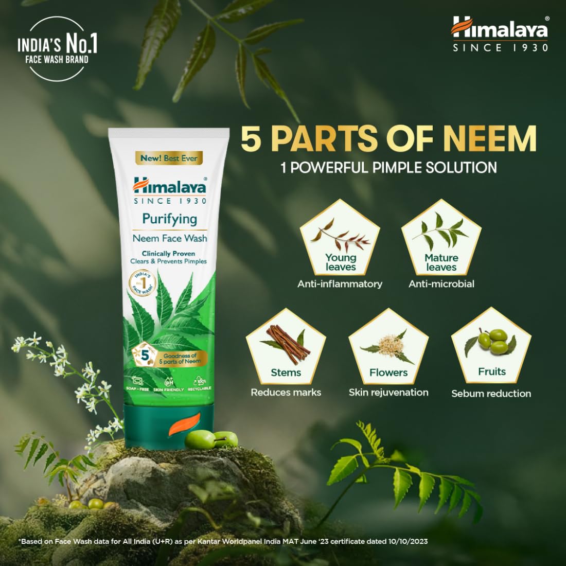 Himalaya Purifying Neem Face Wash|Clears and Prevents Pimples & Acne|Made with 5 parts of Neem|New & Best Ever clinically Proven formula|Gently Cleanses|For men and women|150 ml - Image 3
