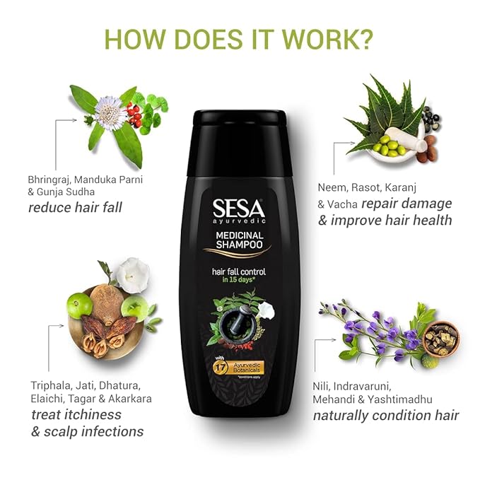 Sesa Ayurvedic Medicinal Shampoo Hairfall Control Anti Dandruff Shampoo Infused with 15 Ayurvedic Herbs Smooth & Shiny Hair For Men & Women (200 ml) - Image 3