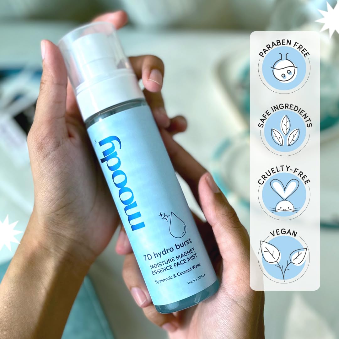 Moody 7D Hydro Burst Hydrating Face Mist & Essence Toner with Hyaluronic Acid Vitamin B5 & Rice Water for Hydrated & Plumped Skin | Face Mist for Soothing And Pore Tightening | Alcohol-Free Toner for Glowing Skin |100% Vegan | 72 Hour Hydration,110ml - Image 4