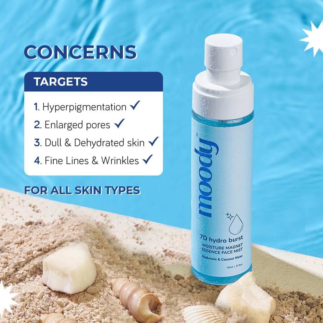 Moody 7D Hydro Burst Hydrating Face Mist & Essence Toner with Hyaluronic Acid Vitamin B5 & Rice Water for Hydrated & Plumped Skin | Face Mist for Soothing And Pore Tightening | Alcohol-Free Toner for Glowing Skin |100% Vegan | 72 Hour Hydration,110ml - Image 5