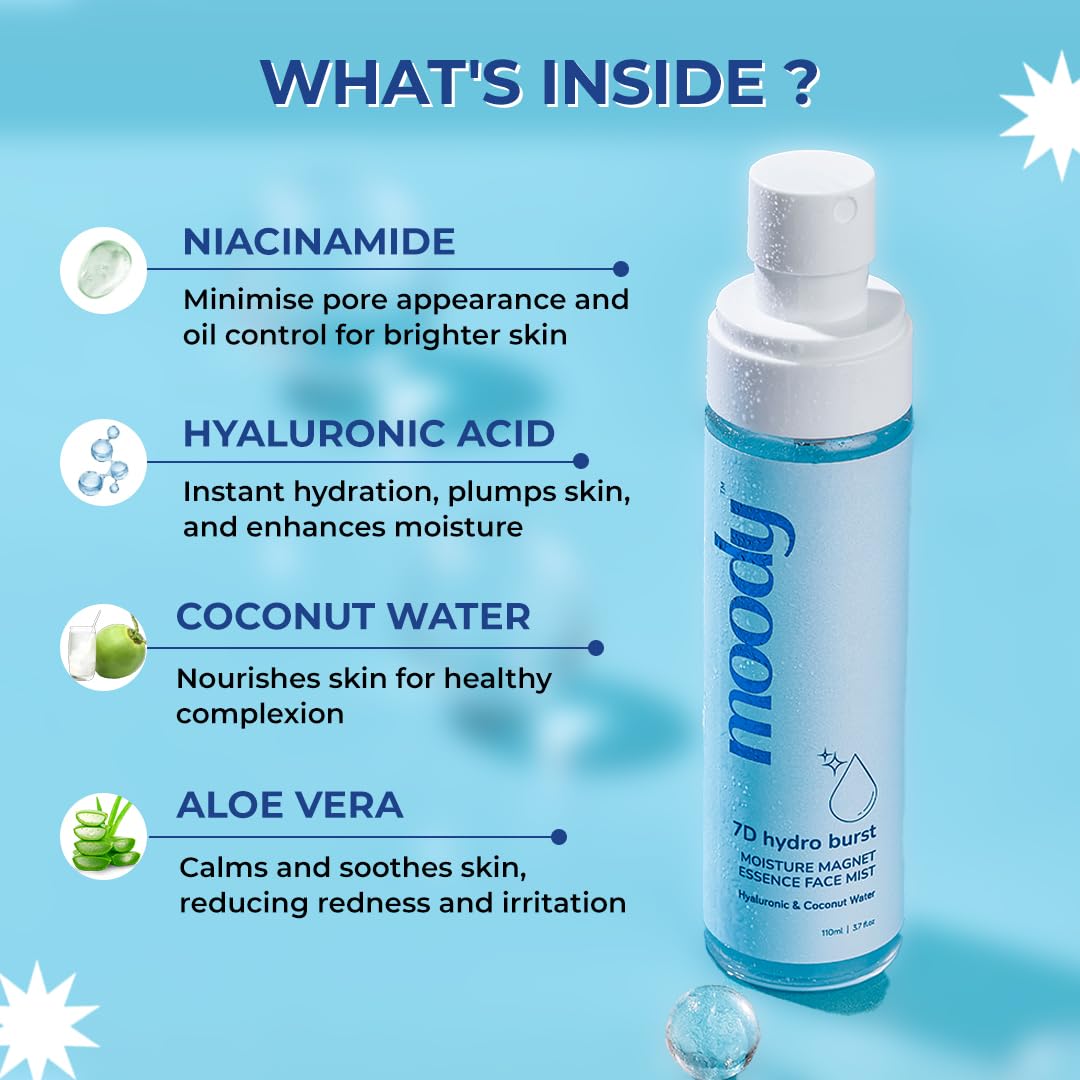 Moody 7D Hydro Burst Hydrating Face Mist & Essence Toner with Hyaluronic Acid Vitamin B5 & Rice Water for Hydrated & Plumped Skin | Face Mist for Soothing And Pore Tightening | Alcohol-Free Toner for Glowing Skin |100% Vegan | 72 Hour Hydration,110ml - Image 6