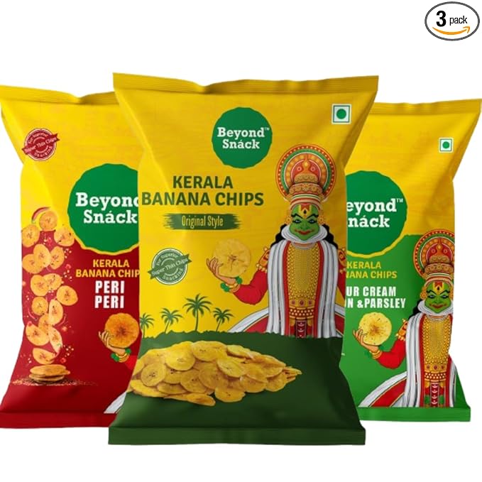 Beyond Snack Nendran Kerala Banana Chips | Combo pack (Original salted, Peri Peri, Sour cream Onion & Parsley)| Thin Crunchy Crispy Snack |300g (100g*3packs) - Image 1