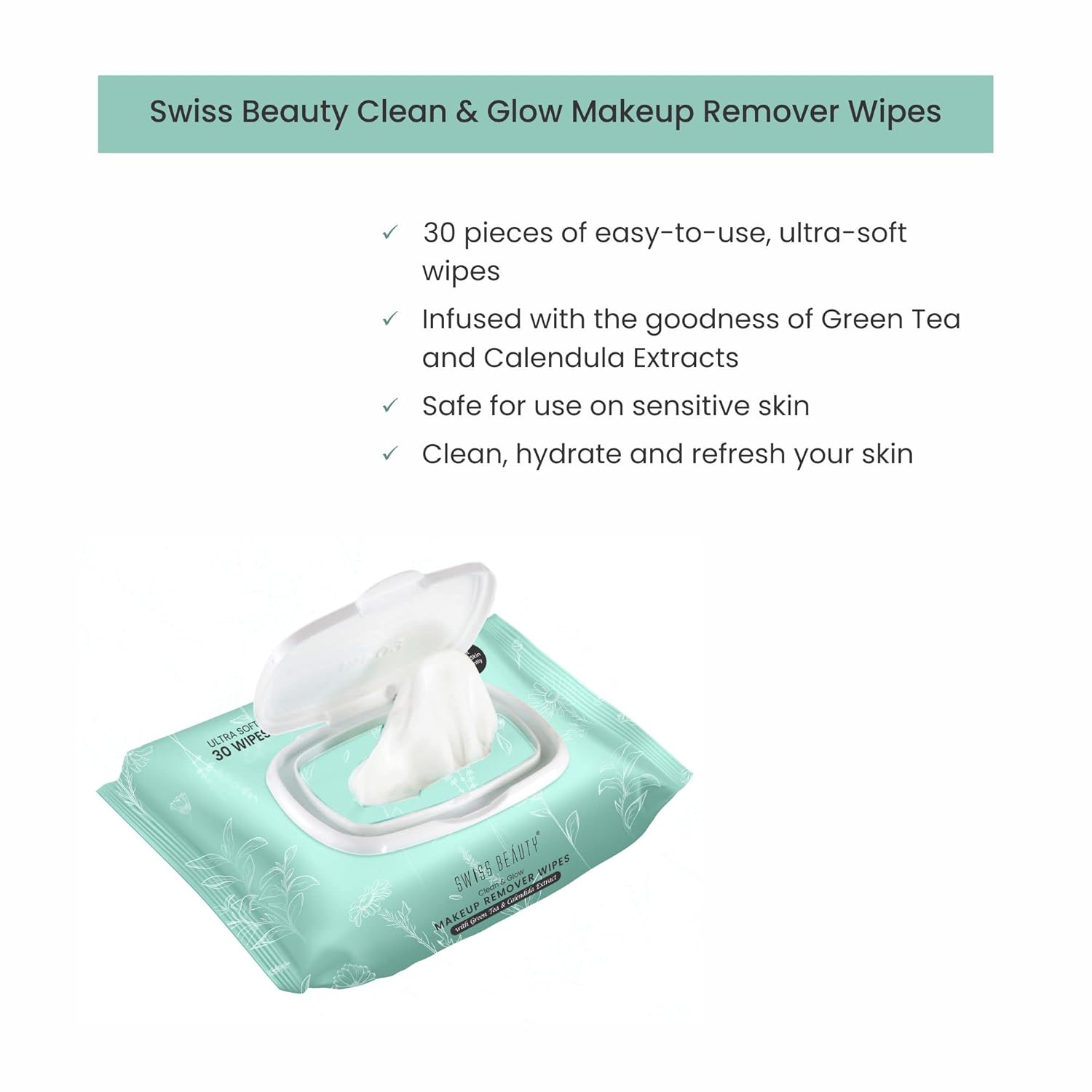 Swiss Beauty Clean & Glow Makeup Remover Wipes | With Green Tea And Calendula Extracts| Cleansing And Hydrating Facial Wipes| 30 Wipes - Image 2
