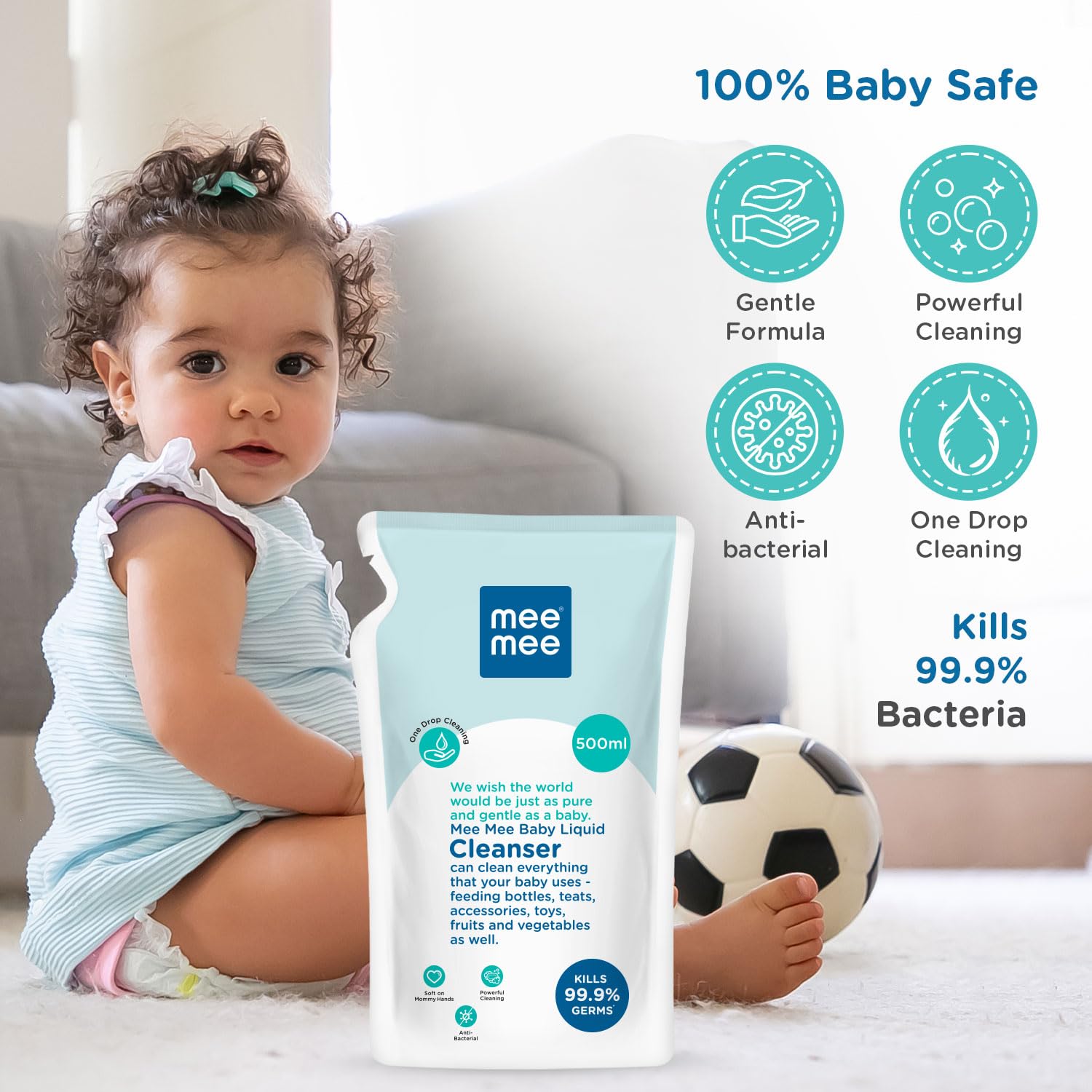 Mee Mee Baby Liquid Cleanser 500ml, Anti-Bacterial Kills 99.9% Germs | For Baby Bottles, Nipples, Accessories, Toys, Fruits & Vegetables | No Alcohol, One Drop Cleaning, Dermatologically Tested - Image 3