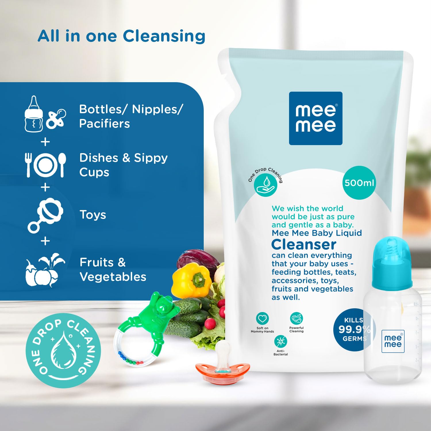Mee Mee Baby Liquid Cleanser 500ml, Anti-Bacterial Kills 99.9% Germs | For Baby Bottles, Nipples, Accessories, Toys, Fruits & Vegetables | No Alcohol, One Drop Cleaning, Dermatologically Tested - Image 4