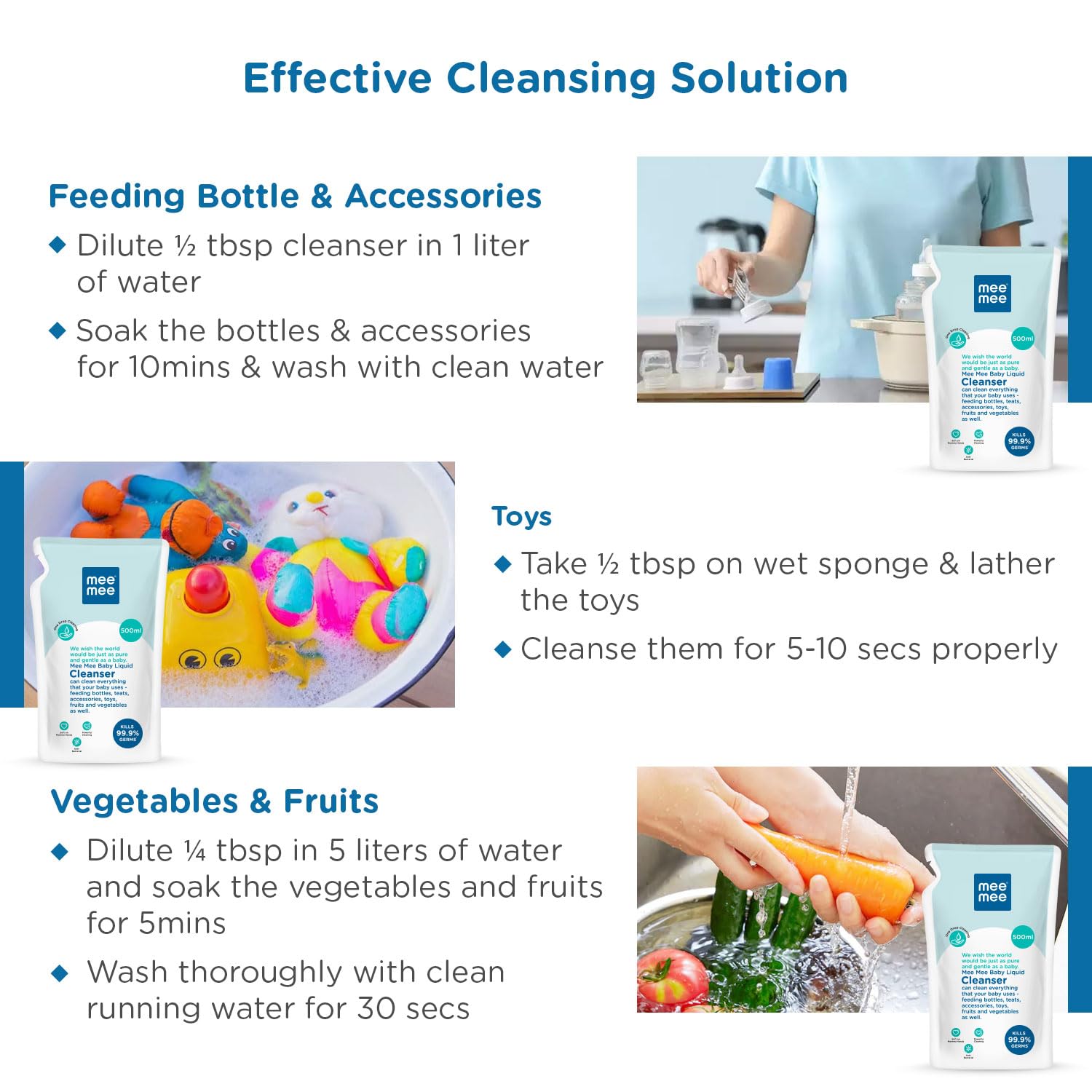 Mee Mee Baby Liquid Cleanser 500ml, Anti-Bacterial Kills 99.9% Germs | For Baby Bottles, Nipples, Accessories, Toys, Fruits & Vegetables | No Alcohol, One Drop Cleaning, Dermatologically Tested - Image 5