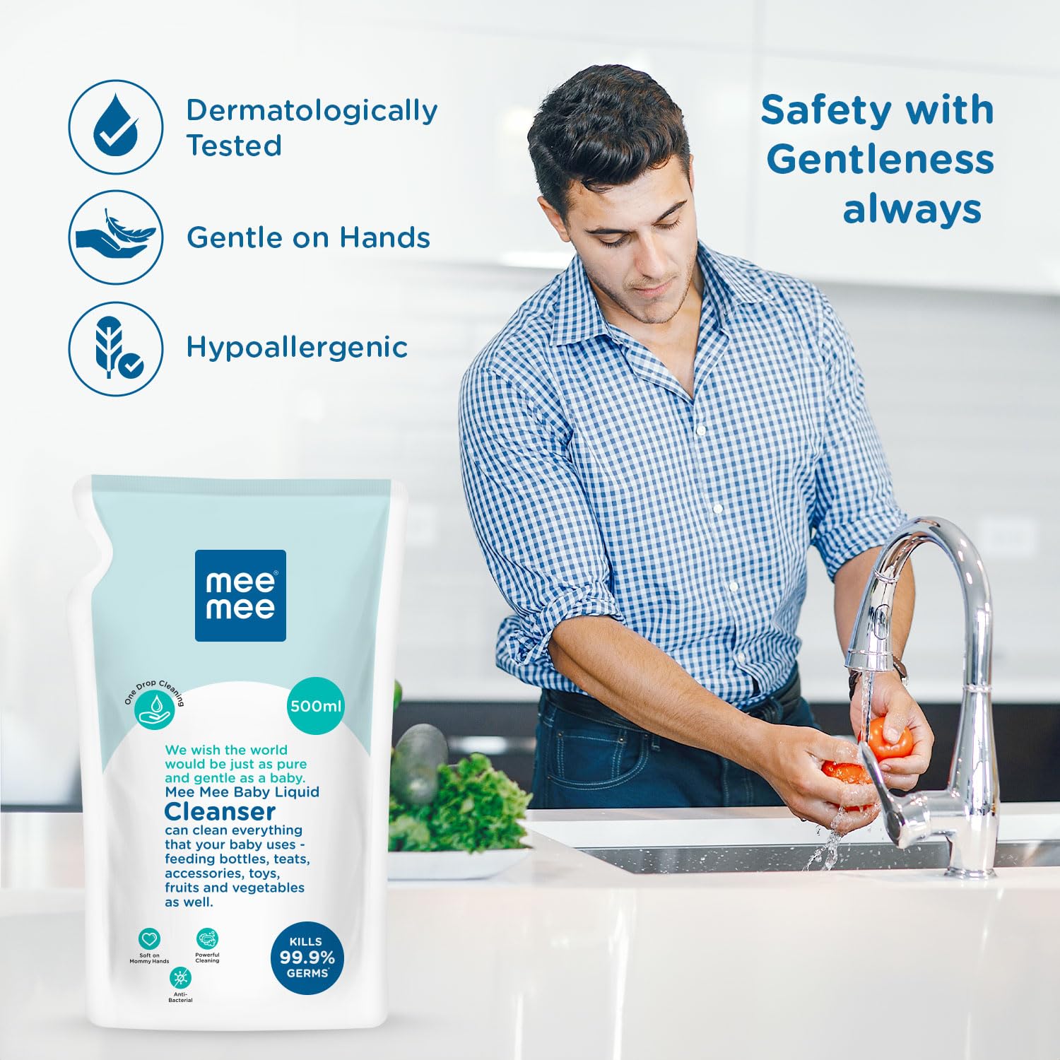 Mee Mee Baby Liquid Cleanser 500ml, Anti-Bacterial Kills 99.9% Germs | For Baby Bottles, Nipples, Accessories, Toys, Fruits & Vegetables | No Alcohol, One Drop Cleaning, Dermatologically Tested - Image 6