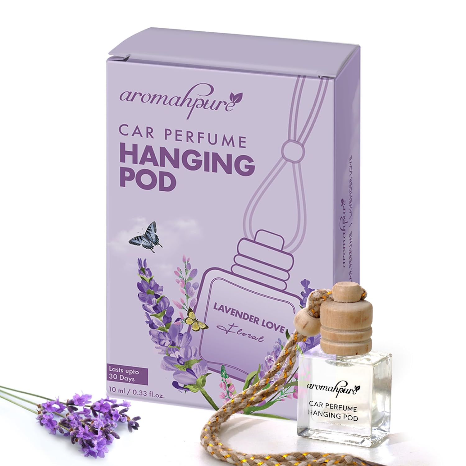 Aromahpure Premium Car Perfume Hanging Pod |10 ML |French Lavender Fragrance Car Air Freshener |Natural Fragrance Oils in Glass Bottle with Wooden Diffuser Lid |Last upto 30 Days, IFRA certified - Image 1