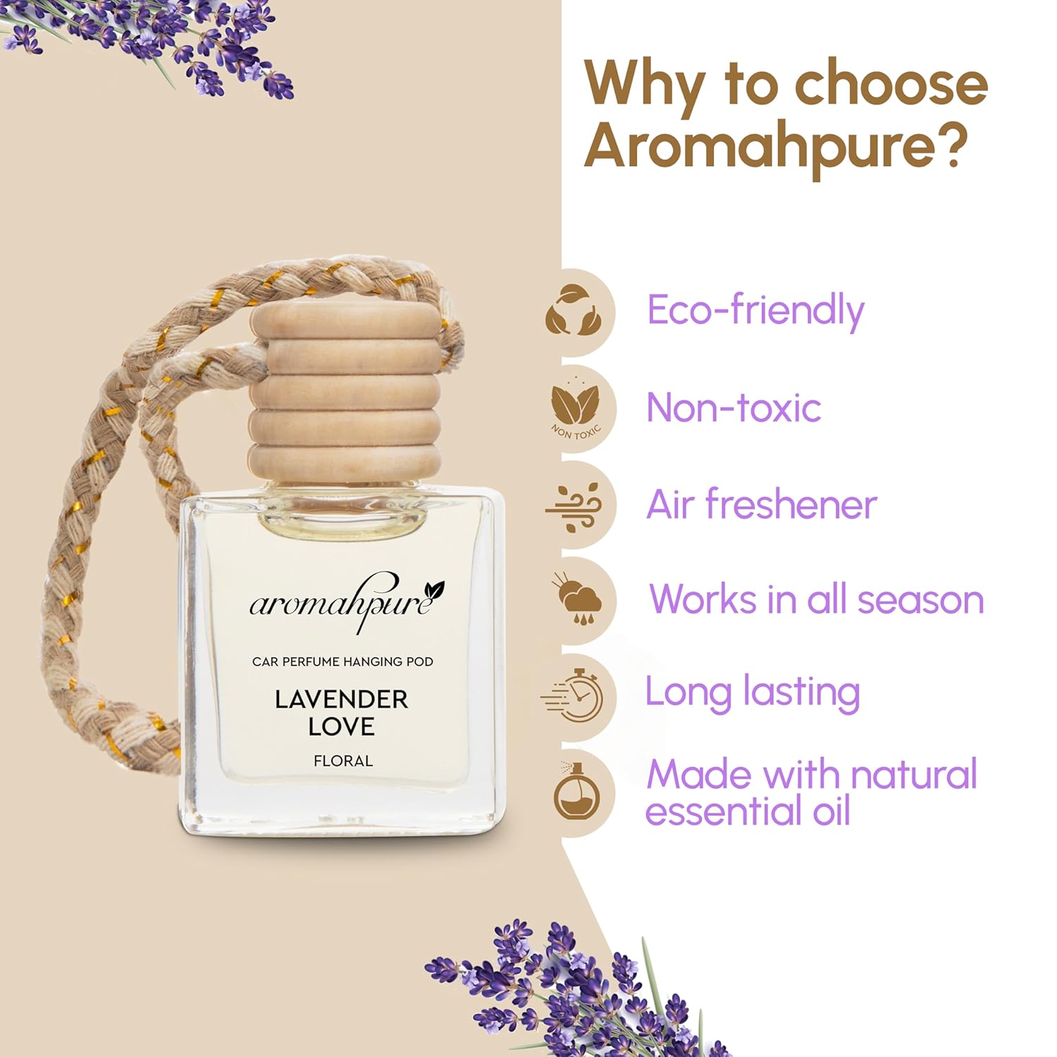 Aromahpure Premium Car Perfume Hanging Pod |10 ML |French Lavender Fragrance Car Air Freshener |Natural Fragrance Oils in Glass Bottle with Wooden Diffuser Lid |Last upto 30 Days, IFRA certified - Image 4