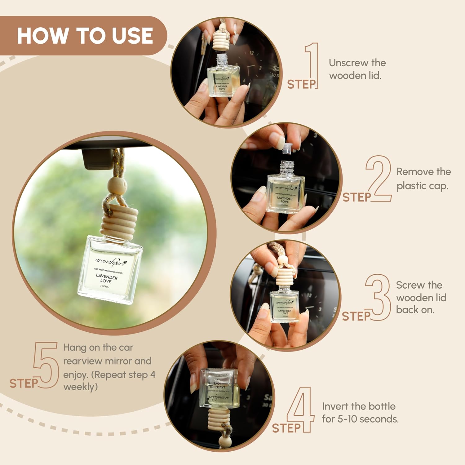 Aromahpure Premium Car Perfume Hanging Pod |10 ML |French Lavender Fragrance Car Air Freshener |Natural Fragrance Oils in Glass Bottle with Wooden Diffuser Lid |Last upto 30 Days, IFRA certified - Image 8
