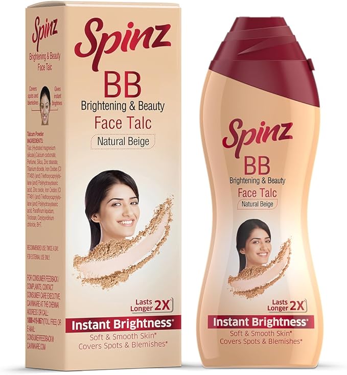 Spinz BB Brightening & Beauty Face Talc for Instant Brightness that Lasts 2X Longer, Covers Dark Spots and Blemishes, Gives Soft and Smooth Skin, (Natural Beige) - 80 g - Image 1