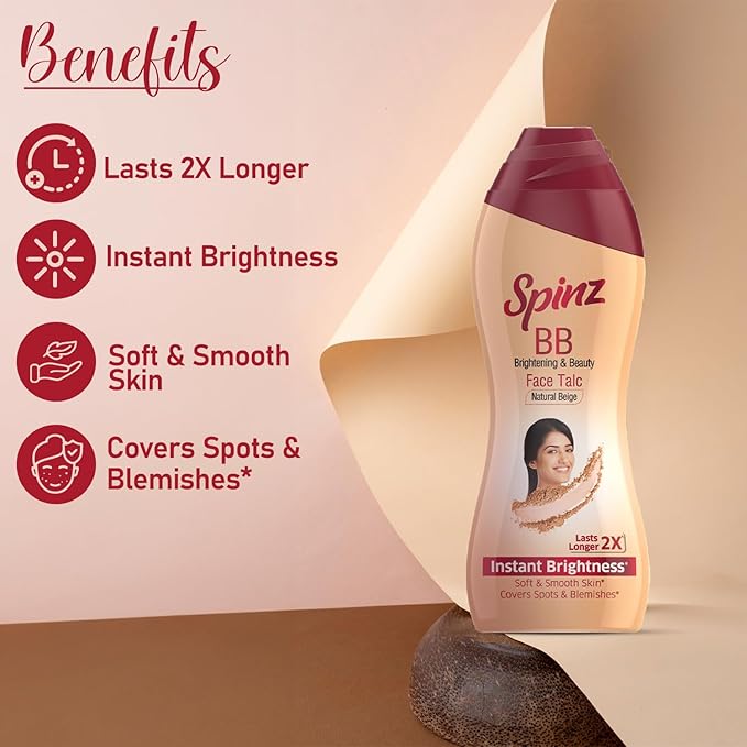 Spinz BB Brightening & Beauty Face Talc for Instant Brightness that Lasts 2X Longer, Covers Dark Spots and Blemishes, Gives Soft and Smooth Skin, (Natural Beige) - 80 g - Image 3