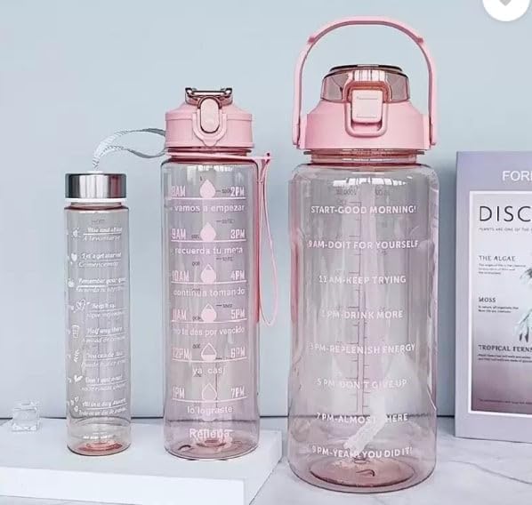 inulec Set of 3 Transparent Water Bottle 2000ML, 900ML, 300ML  (Set of 3), pink color - Image 1