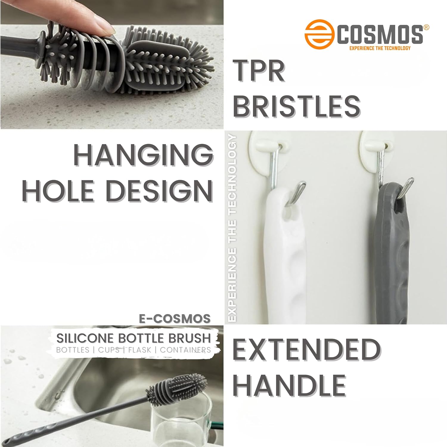 E-COSMOS Bottle Cleaning Brush Silicone Long Handle, Water Bottle - Image 2