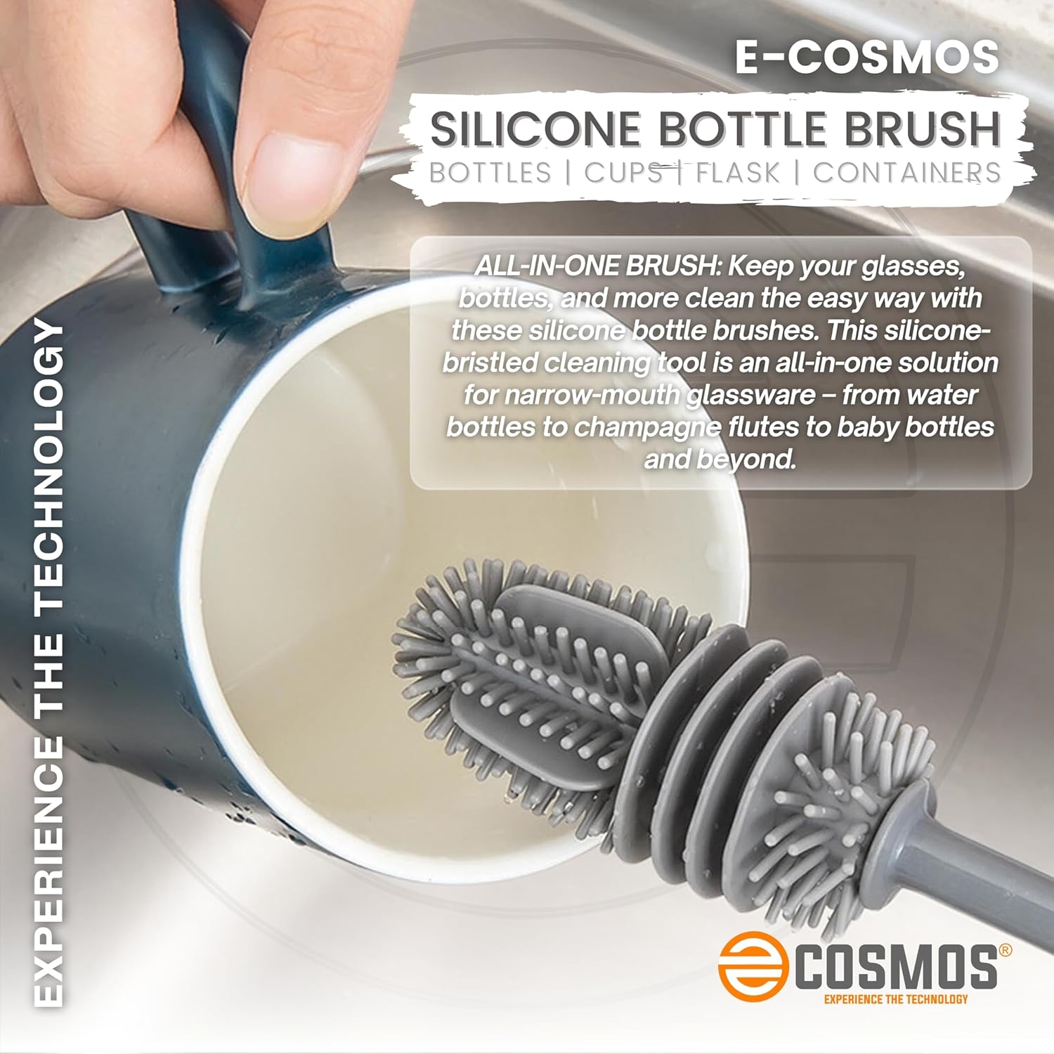 E-COSMOS Bottle Cleaning Brush Silicone Long Handle, Water Bottle - Image 6