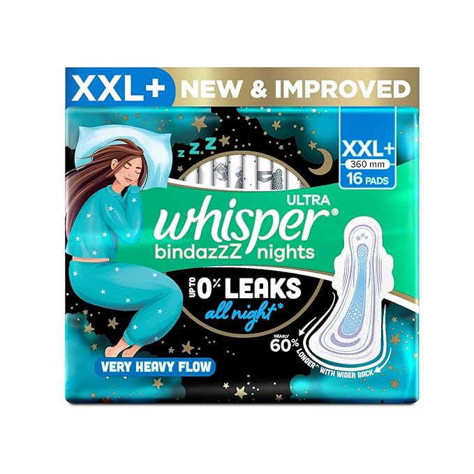 Whisper Bindazzz Nights 16 XXL+ Sanitary Pads, Upto 0% Leaks All Night Long - Image 1