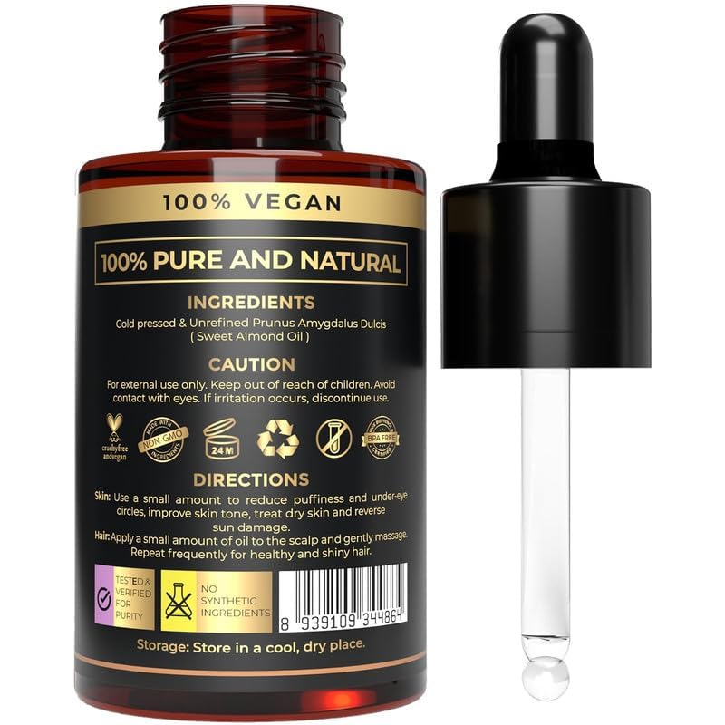 Plant Based Sweet Almond Oil for Skin, Hair, Nails & Body – Organic Cold Pressed Badam Oil - Image 1