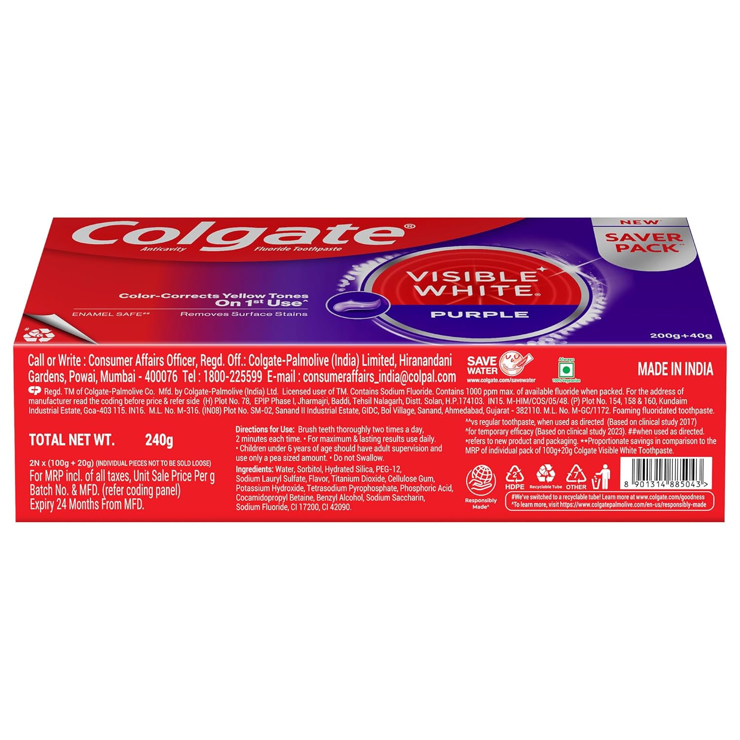 Colgate Visible White Purple Toothpaste for Teeth Whitening, Combo Pack, 200g + 40g - Image 2