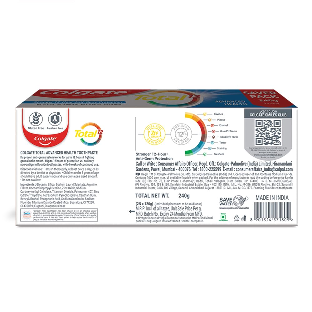 Colgate Total Whole Mouth Health, Antibacterial Cavity Protection Toothpaste, 120gm each, Pack of 2 - Image 2