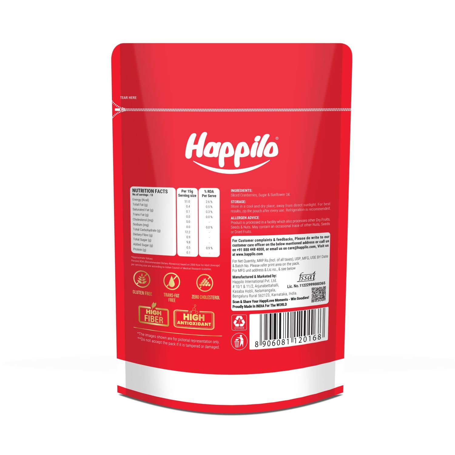 Happilo Premium Californian Dried and Sweet Sliced Cranberries 200g  - Image 2