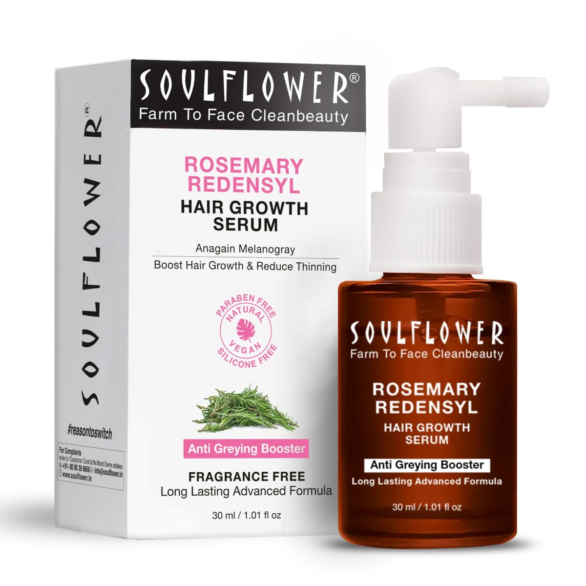 Soulflower Hair Growth Serum, Rosemary Oil, 3% Redensyl, 4% Anagain - Image 1