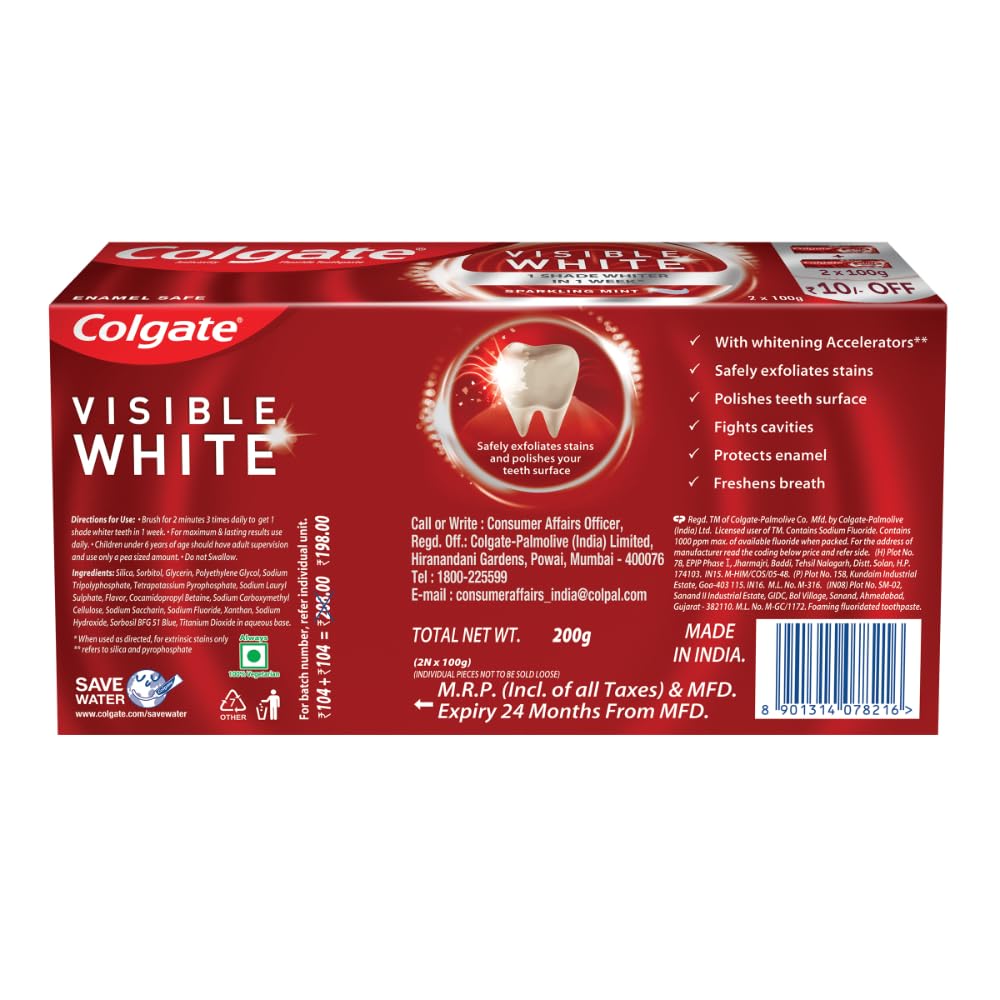 Colgate Visible White, teeth whitening Toothpaste with sparkling mint - 200gm - Image 8