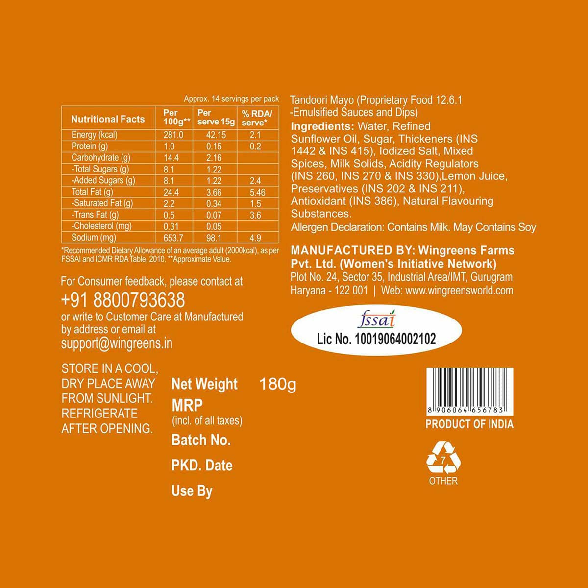 Wingreens Farms Tandoori Mayo Nozzle Pack 180gms - Image 2