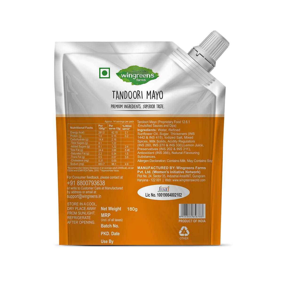Wingreens Farms Tandoori Mayo Nozzle Pack 180gms - Image 3