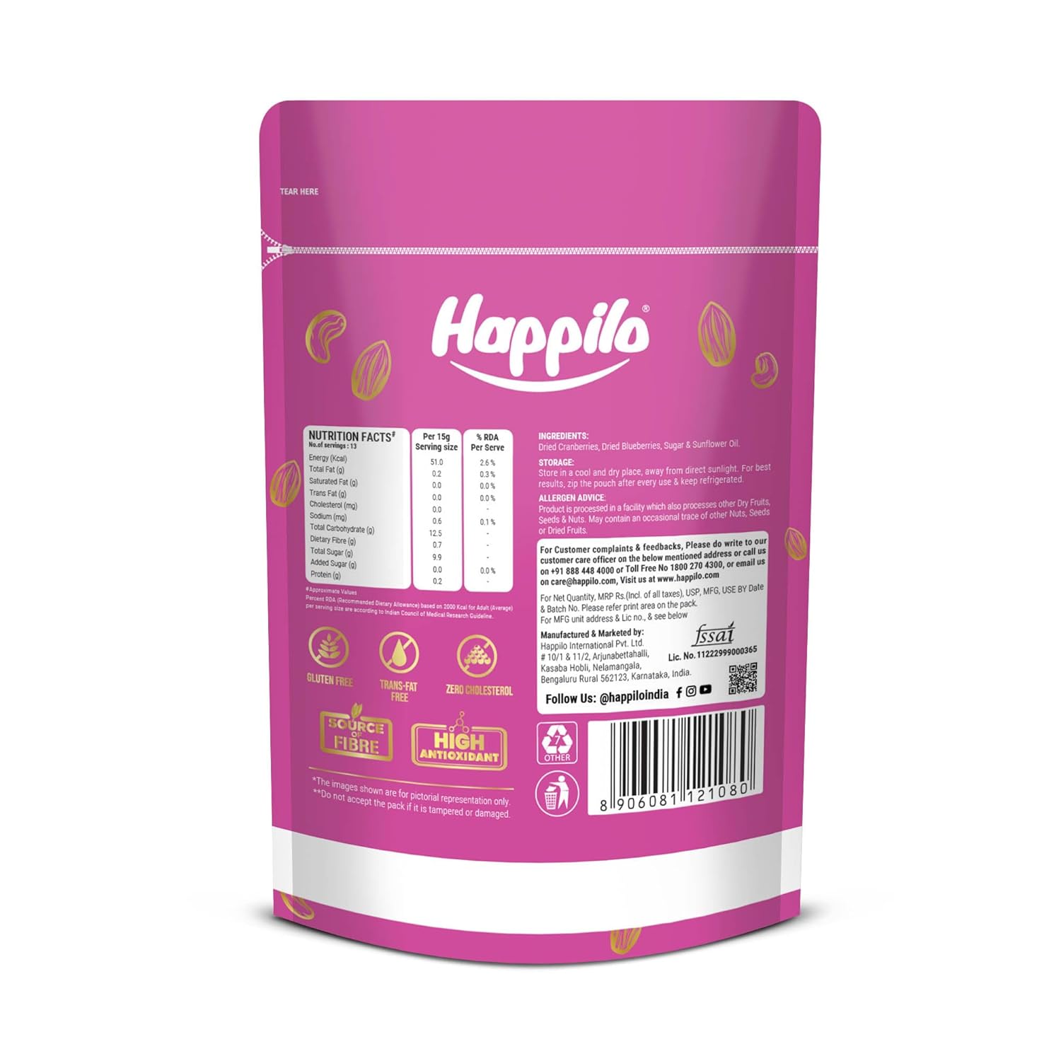 Happilo Premium Dried Blueberry Cranberry Duet 200 grams Pack - Image 2