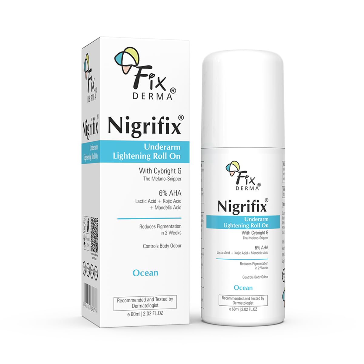 Fixderma Nigrifix Underarm Ocean Roll on With 6% AHA, Lactic Acid & 1% Mandelic Acid & Kojic Acid ensitive Skin - 60ml (Pack of 1) - Image 1