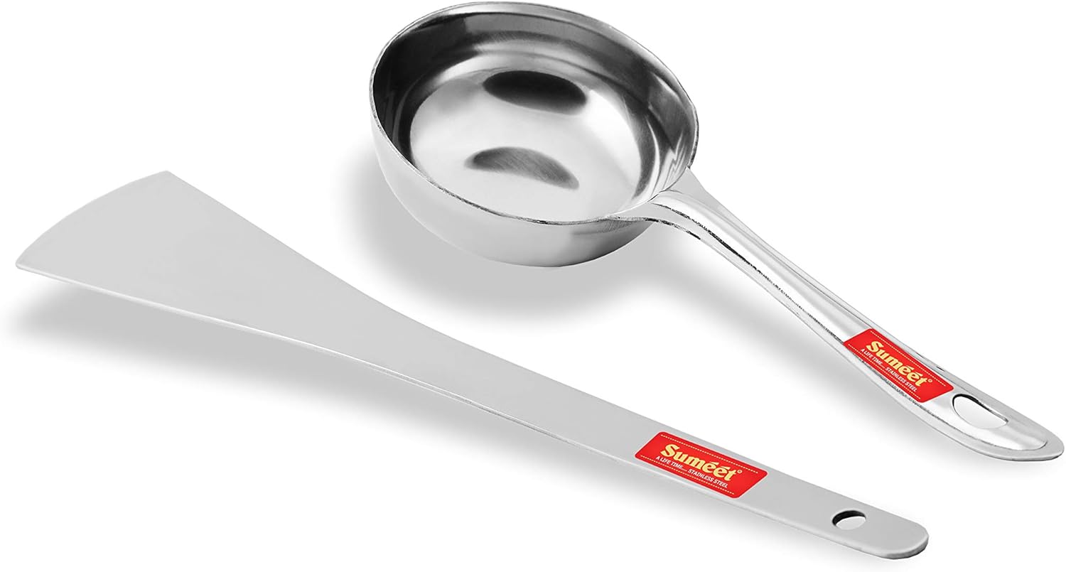 Sumeet Stainless Steel Perfect Dosa Making Spoon/Ladle Set of 2 Pcs (1 Turner, 1 Short Pour Ladle with Flat Base) - Image 1