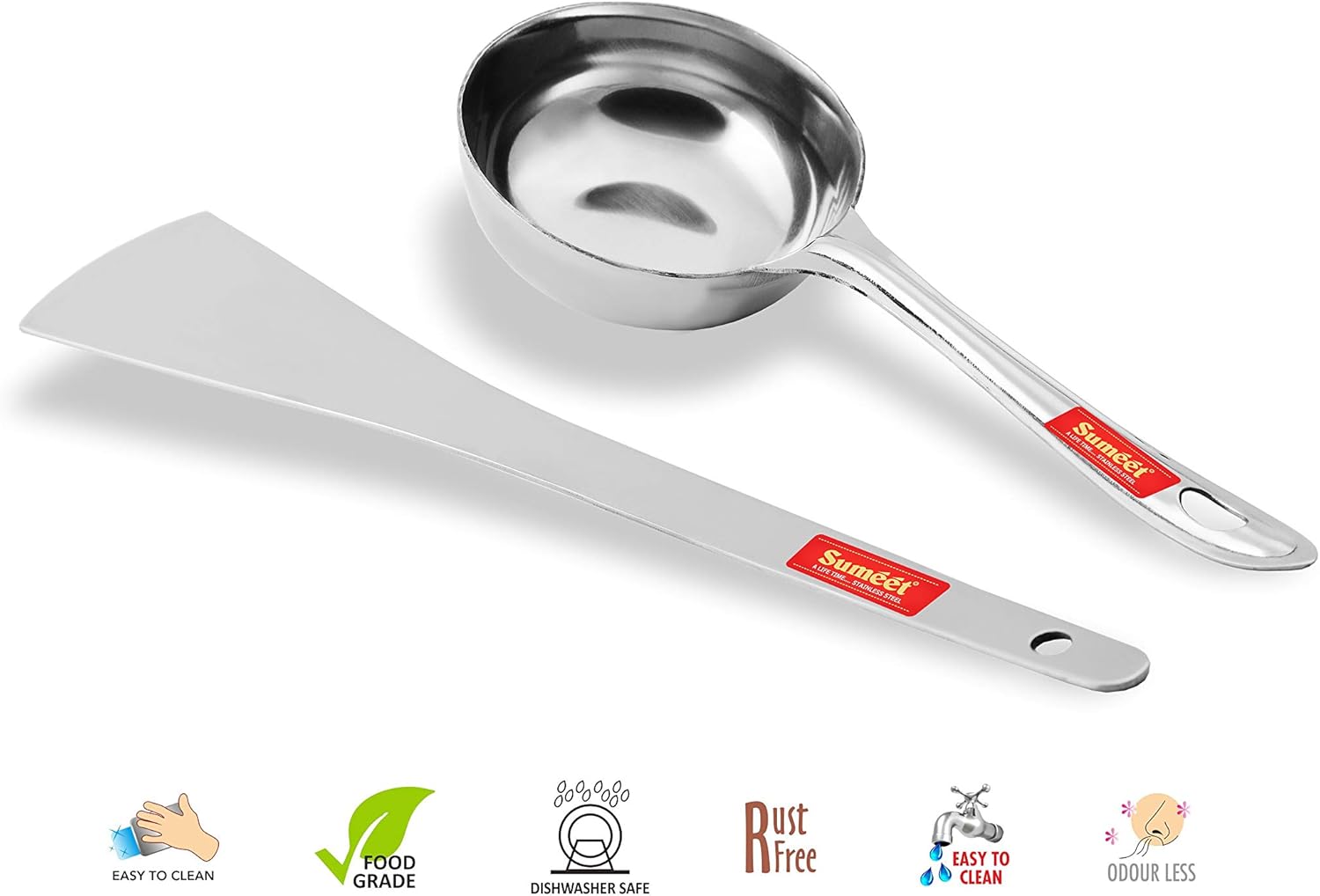 Sumeet Stainless Steel Perfect Dosa Making Spoon/Ladle Set of 2 Pcs (1 Turner, 1 Short Pour Ladle with Flat Base) - Image 2