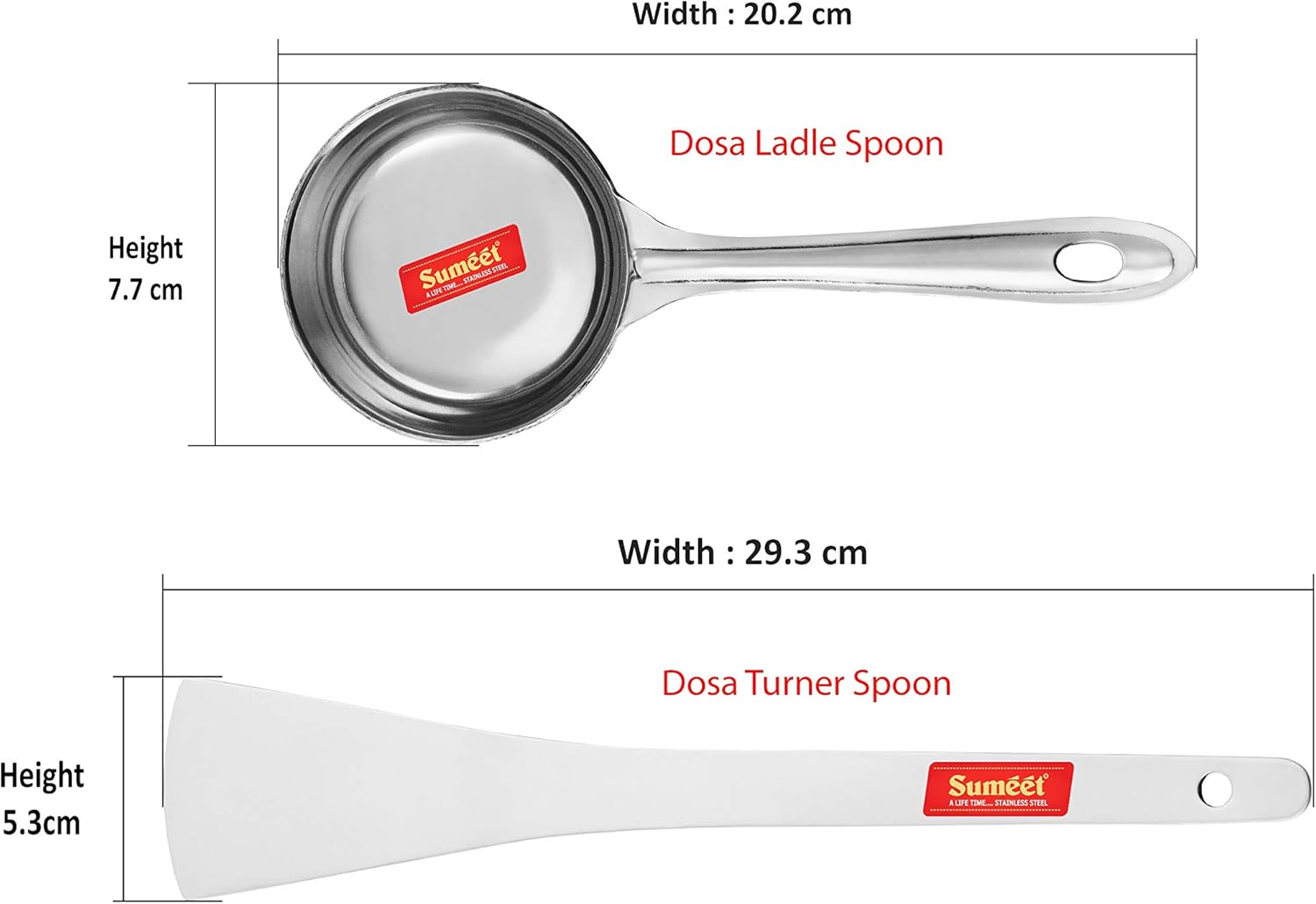 Sumeet Stainless Steel Perfect Dosa Making Spoon/Ladle Set of 2 Pcs (1 Turner, 1 Short Pour Ladle with Flat Base) - Image 4