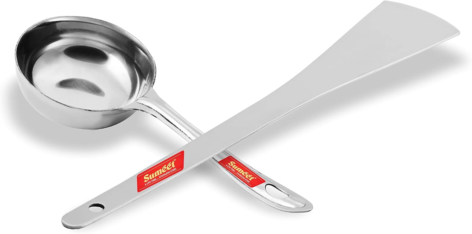 Sumeet Stainless Steel Perfect Dosa Making Spoon/Ladle Set of 2 Pcs (1 Turner, 1 Short Pour Ladle with Flat Base) - Image 6