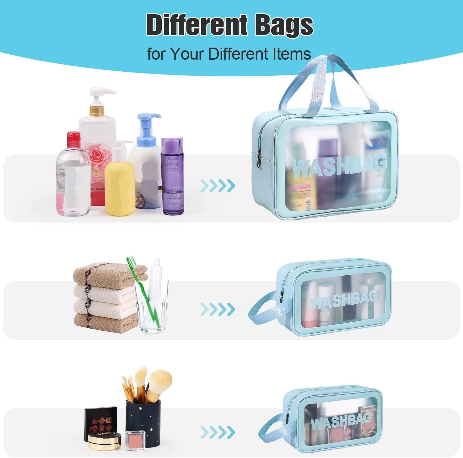 KUKLAR Wash Bag Pouch for Travel Kit Toiletry Bag Cosmetic Bag Make Up Box for Brushes Accessories with Handle Large Capacity Translucent Waterproof Travel Storage Organizer Set of 3 (Sky Blue) - Image 3
