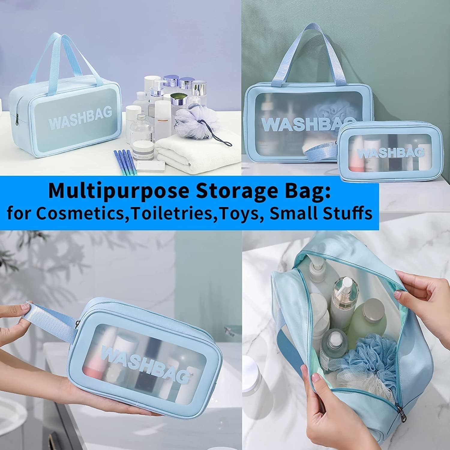 KUKLAR Wash Bag Pouch for Travel Kit Toiletry Bag Cosmetic Bag Make Up Box for Brushes Accessories with Handle Large Capacity Translucent Waterproof Travel Storage Organizer Set of 3 (Sky Blue) - Image 4