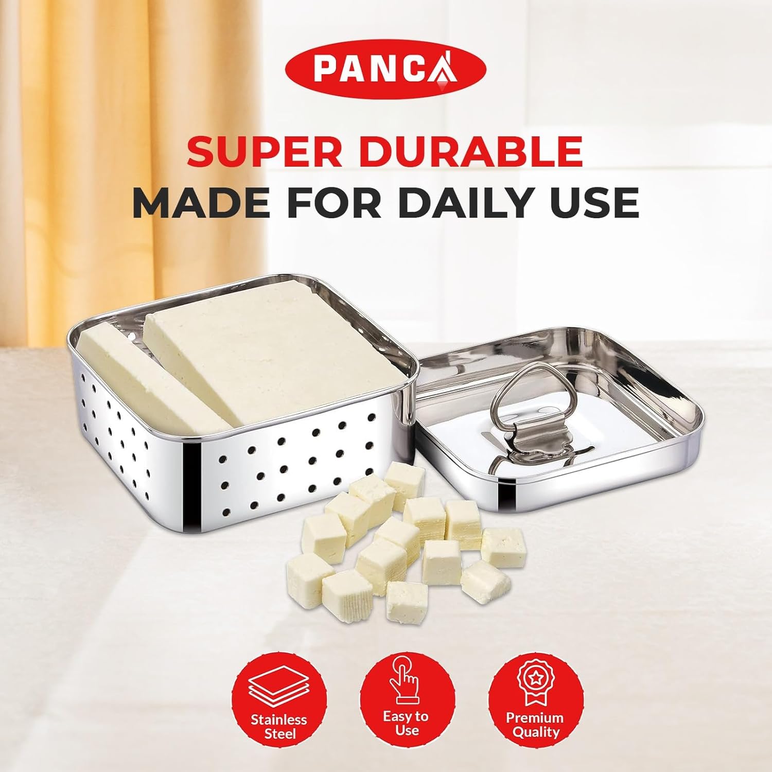 PANCA Stainless Steel Paneer Maker Mould Big Size, Paneer Press With Lid, Tofu Press Mould Maker, Whey Seperator (Square, 550ml Capacity) - Image 2