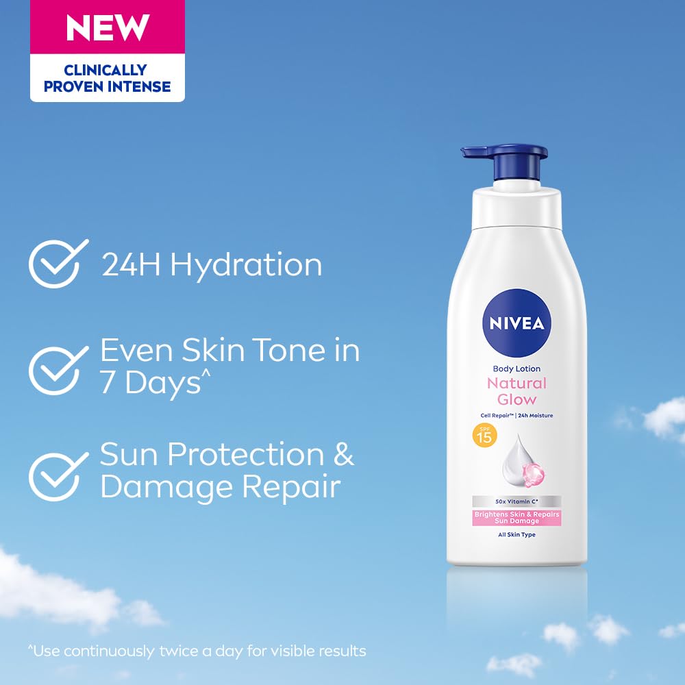NIVEA Natural Glow Cell Repair Body Lotion with SPF 15 And UV A & B Filters | 50X Vitamin C | 24H Hydration | Even Skin Tone in 7 Days | Brightens Skin and Repairs Sun Damage | Lightweight, Quick Absorbing, Non-Sticky Formula | For All Skin Types | 400 Ml - Image 2
