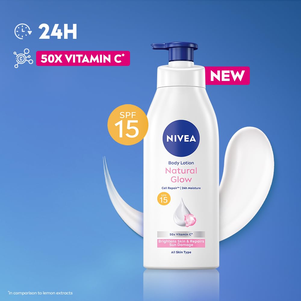 NIVEA Natural Glow Cell Repair Body Lotion with SPF 15 And UV A & B Filters | 50X Vitamin C | 24H Hydration | Even Skin Tone in 7 Days | Brightens Skin and Repairs Sun Damage | Lightweight, Quick Absorbing, Non-Sticky Formula | For All Skin Types | 400 Ml - Image 3