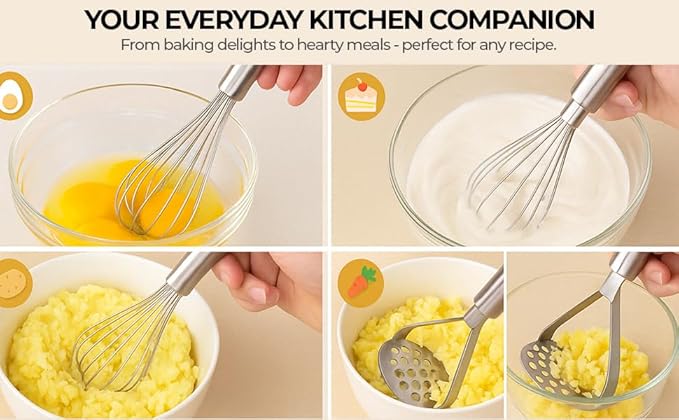 COVETKART Stainless Steel Potato Masher & Mini Whisk Combo (20cm Masher + 25cm Whisk) - Image 2