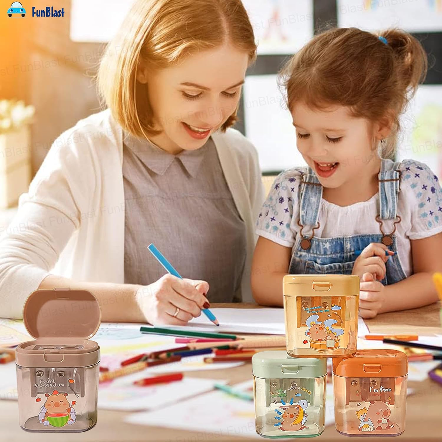 FunBlast Kawaii Capybara Pencil Sharpener – Set of 4 Pcs Sharpener for Kids with Two-Holes, Stationery Items Aesthetic, Stylish Sharpener for Kids, Birthday Return Gifts for Kids - Image 4