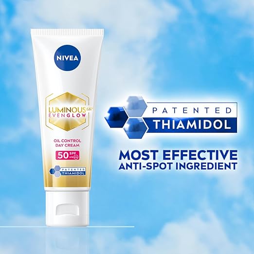 NIVEA Luminous Even Glow Oil Control Day Cream for face |SPF 50 with UV protection & UVA UVB filters | Thiamidol, Hyaluronic Acid, Vitamin E for Dark Spots Reduction & Deep Moisturization| 40ml - Image 3
