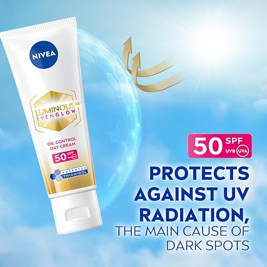 NIVEA Luminous Even Glow Oil Control Day Cream for face |SPF 50 with UV protection & UVA UVB filters | Thiamidol, Hyaluronic Acid, Vitamin E for Dark Spots Reduction & Deep Moisturization| 40ml - Image 4