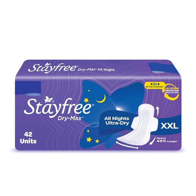 Stayfree Dry Max XXL | 42 Pads | All Night XXL Dry Cover Sanitary Pads for Women | Convert Heavy flow into Gel | Odour Control | Absorbs 2x more with wider back | Superior Dry feel | Ultra Thin Pads | - Image 1
