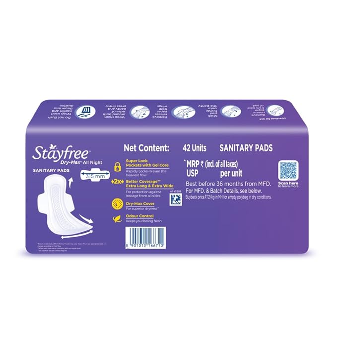 Stayfree Dry Max XXL | 42 Pads | All Night XXL Dry Cover Sanitary Pads for Women | Convert Heavy flow into Gel | Odour Control | Absorbs 2x more with wider back | Superior Dry feel | Ultra Thin Pads | - Image 2